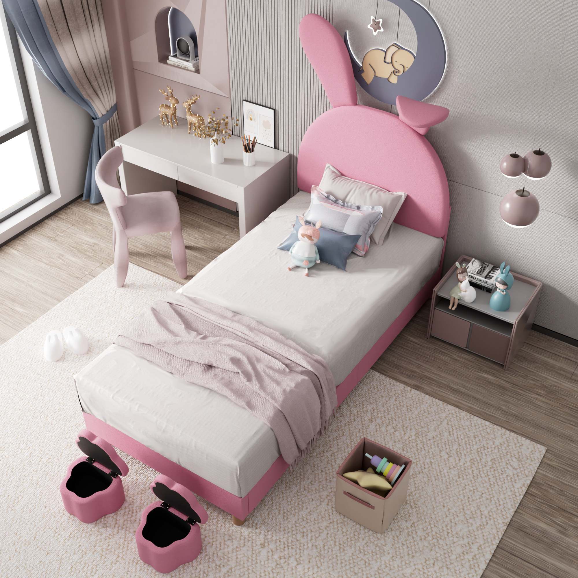 STILVORA Kinderbett 90×200cm Polsterbett mit 2 Aufbewahrungshockern und Kopfteil in ausklappbare Hasenohrenform,Jugendbett mit LED-beleuchtung,Rosa(mit Matratze)