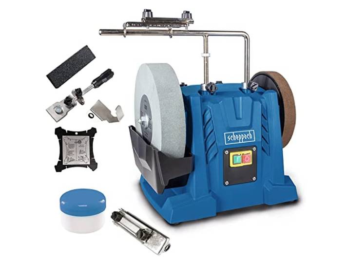 Scheppach Nassschleifsystem TIGER7000S inkl. Homekit Messerschleifer, 200 W Schleifstein 250x12x40mm Steinpräparierer, Winkellehre, Paste, Vorrichtungen Schleifen von Messer, Äxte, Standardwerkzeug