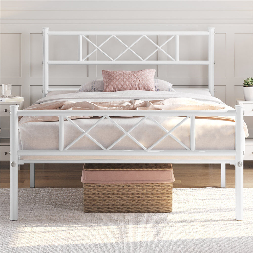 Yaheetech Modern Metal Bed Frame with Cross-design Headboard & Footboard White Single (3')