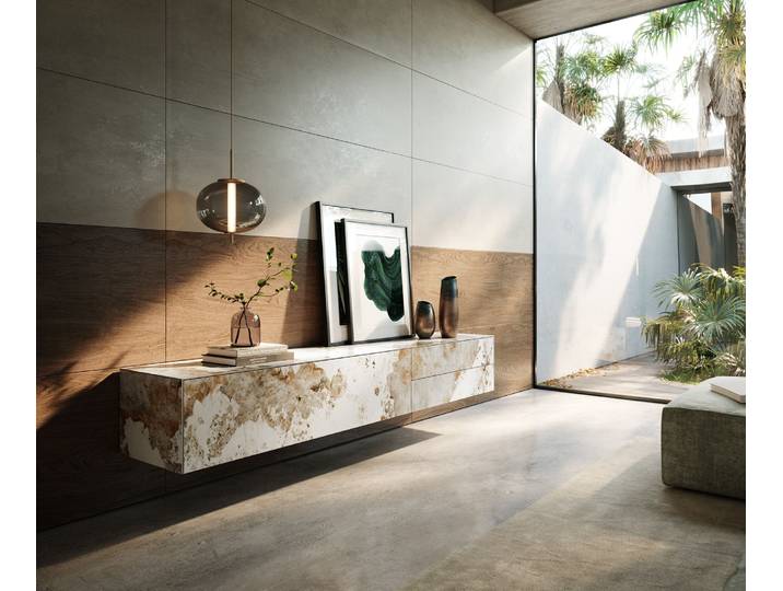 Meuble TV Cuor 220 cm Céramique Minas Melange Blanc beige 1 Clapet 2 Tiroirs Flottant