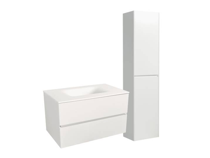 Set Meuble 86cm suspendu blanc mat avec 2 tiroirs + Vasque marbre coulé blanc mat + Armoire (Verona86BBB)