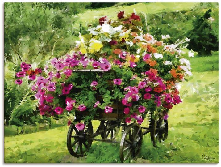 Leinwandbild ARTLAND Kutsche mit Blumen , grün (farbe bild(er): grün), B:80cm H:60cm, Bilder, Leinwandbild, auf Holzrahmen gespannt