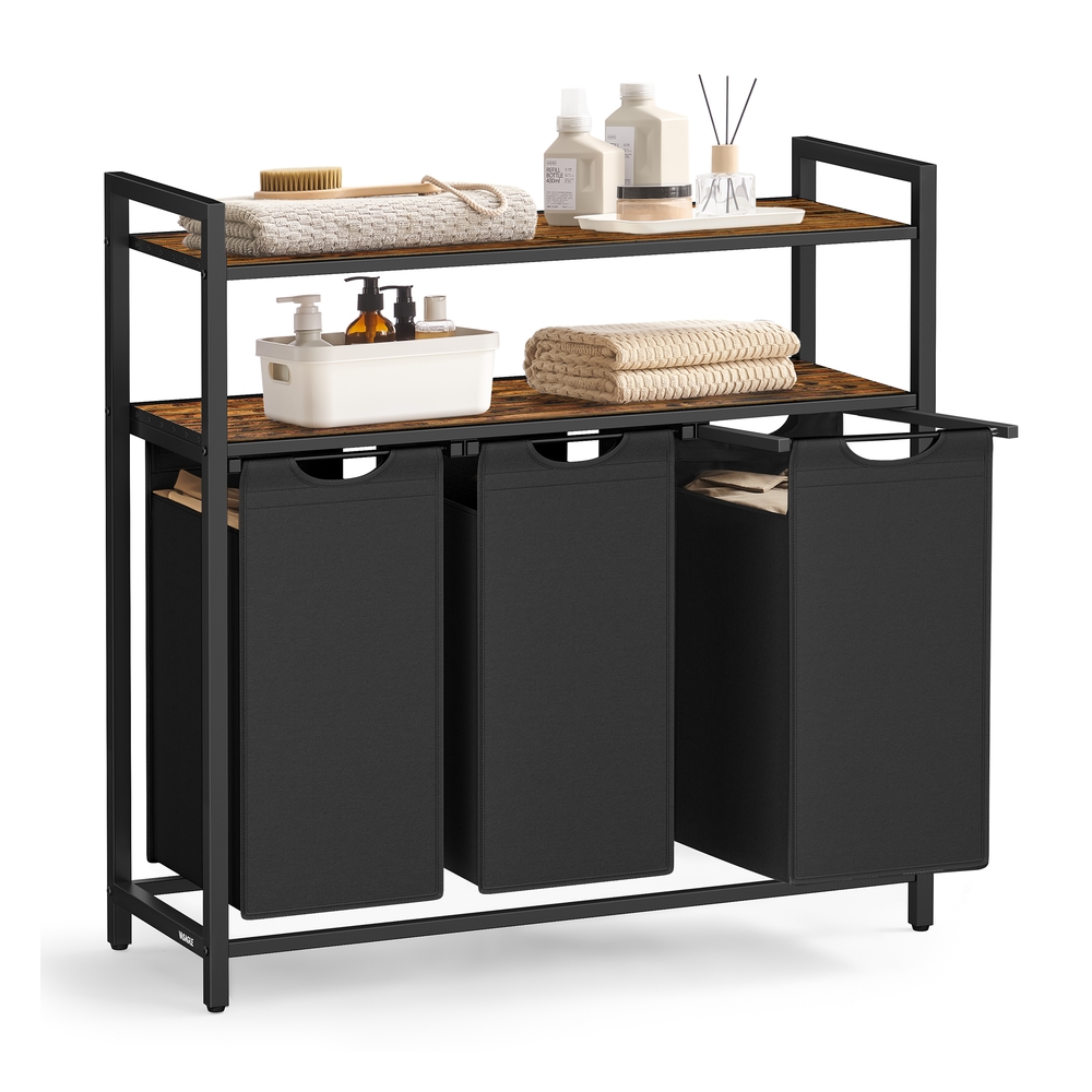 VASAGLE Wäschekorb 3 Fächer mit 2 Ablagen vintagebraun-schwarz B34BLH213B01