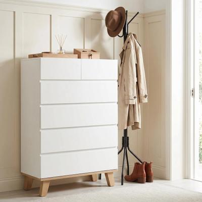 Loedds Modern 6-Drawer Tall Dresser with Handle-Free Fronts and Solid Wood Legs - White/Natural