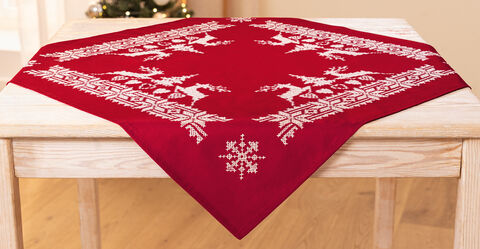 Stickmitteldecke "Hirsche rot/weiß