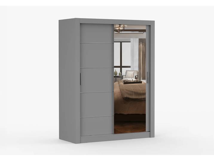 Schwebetürenschrank LION 150 cm Grau Grau + Spiegel