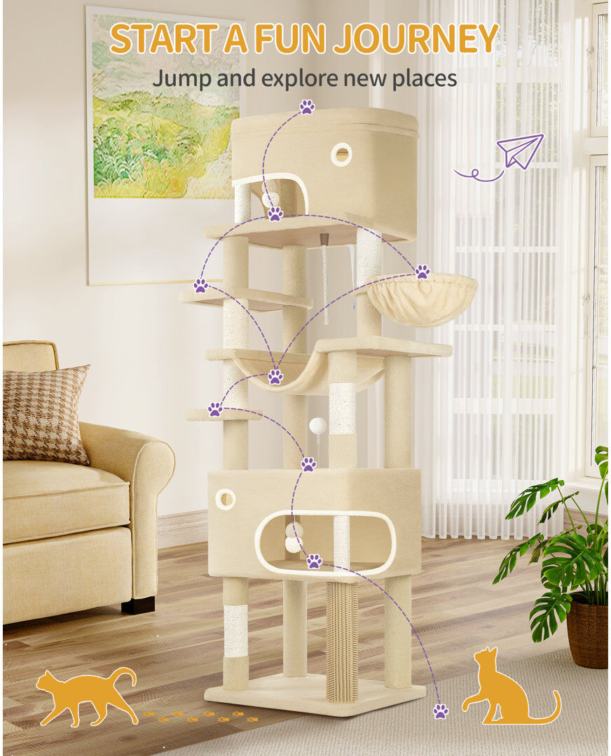 17 Stories Cat Tree for Indoor Cats, Multi-layer Scratching Post with Large Platform, 2 Caves, 7 Sisal Posts, Pompoms, Cat Basket, Hammock, Suitable for Cats Beige 203cm H x 60cm W x 50cm D