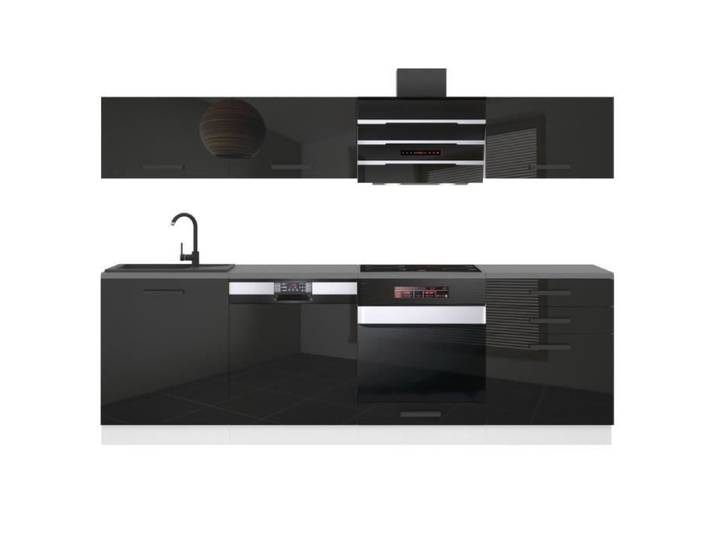 Cuisine Complète - B BELINI GROUP - LINDA - 240 cm - Noir Brillant - Système de Fermeture Silencieuse