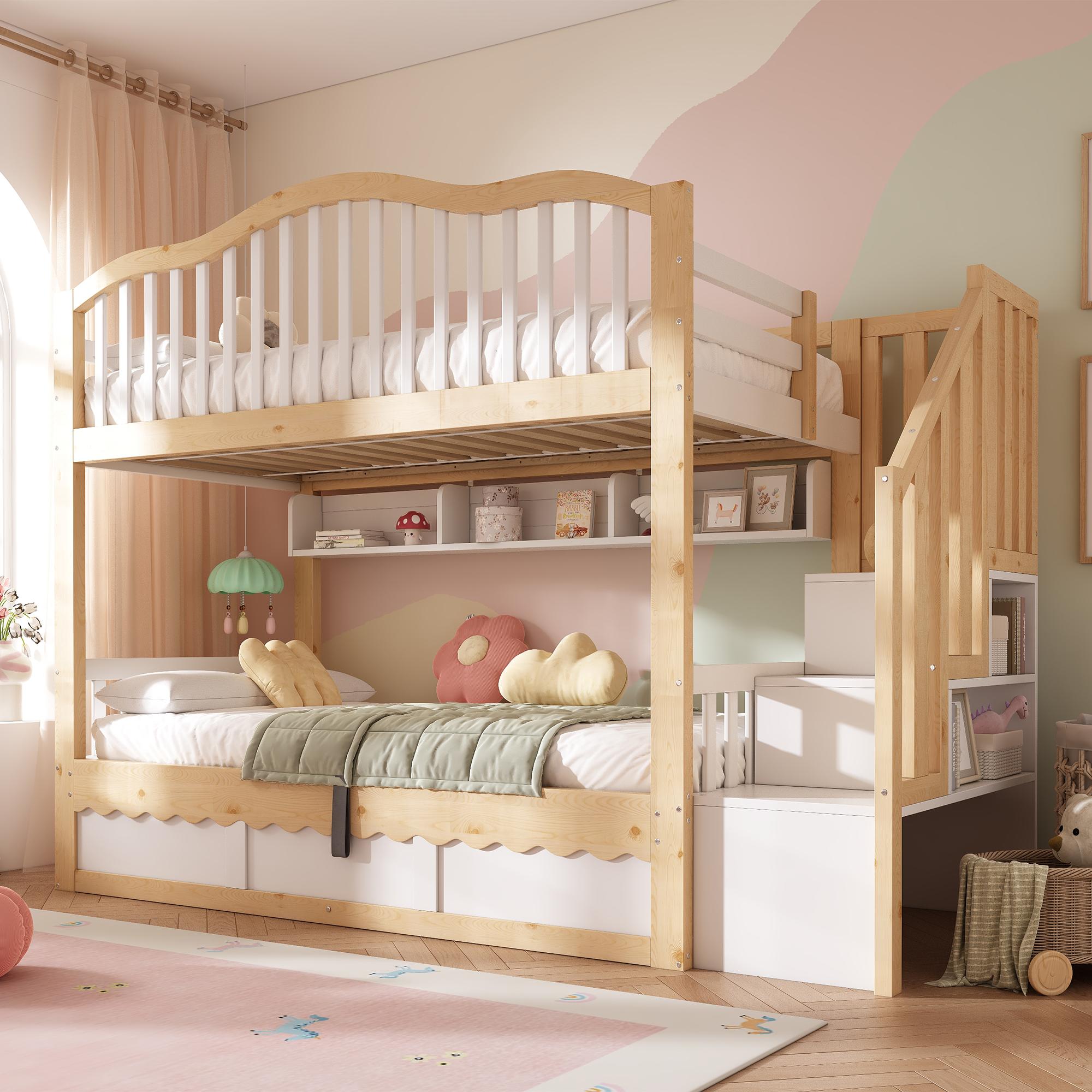 Etagenbett/Kinderbett 90x200, Holz, hydr. Stauraum, Sicherheitstreppe, Regal, Rausfallschutz, EN747