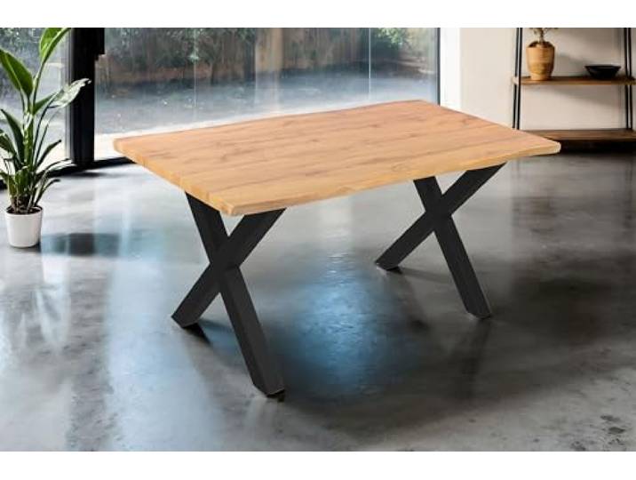 SAM Esstisch Josy 160x85 cm Holz Wildeiche-Optik X-Gestell schwarz 40 mm Tischplatte mit Baumkante, Metallgestell, Tisch für Esszimmer & Küche