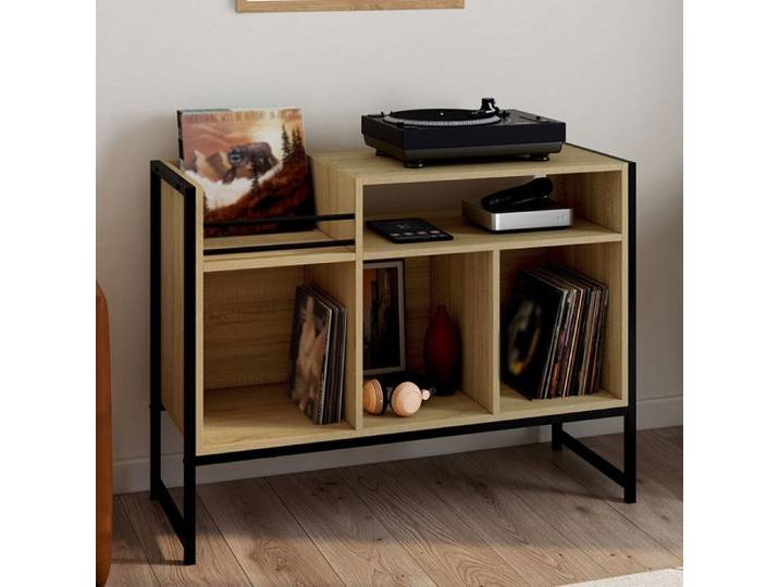 IDMARKET Meuble vinyle buffet de rangement 100 cm DETROIT bois et noir design industriel