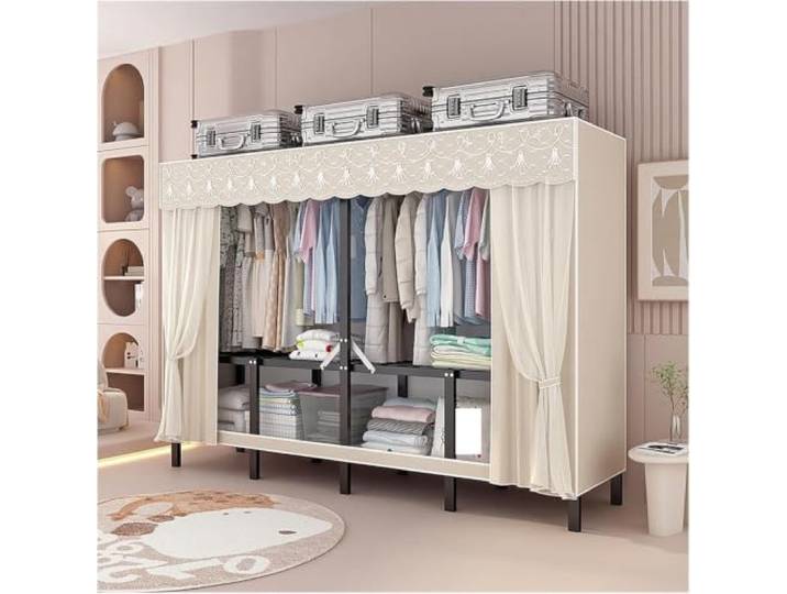 MmcdylyhEU Tragbarer, Faltbarer Kleiderschrank mit Abdeckung – L-Kleiderständer for Aufhängen von Kleidung, ideal for die Aufbewahrung im Schlafzimmer und Wohnheim(Yellow,150x170x45cm)