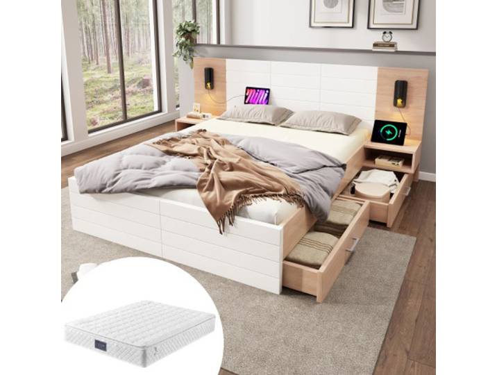 Lit double - MUVOE - 140 x 200 cm - Bois massif - 2 tiroirs - Chargeur USB intégré
