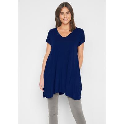 Longshirt BONPRIX, Damen, Gr. 48/50 (XL), blau (mitternachtsblau), Jersey, Obermaterial: 95% Viskose, 5% Elasthan, A-Linie ca. Mitte Oberschenkel, tiefer Rundhals, Shirts Longshirt, A-Linie Passform, mit Eingrifftaschen, tiefer Rundhalsausschnitt