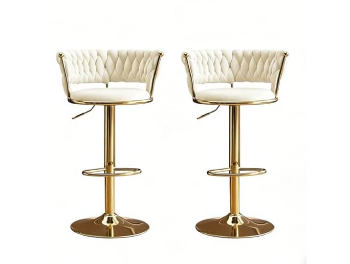 2/4er Set Samt-Barhocker, Gepolsterte Hocker für Küchenarbeitsplatte Niedrige Rückenlehne, 360° Drehbar, Goldene Metallbeine und Fußstütze(white,Two chairs)