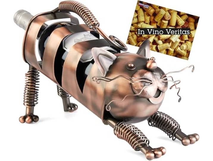 BRUBAKER Wijnfleshouder Kat - Koperkleurige Metalen Flessenhouder - Decoratief Cadeau voor Katteneigenaren - Metalen Figuur Wijngeschenk Flessenhouder met Cadeaukaartje - Kleur: Koper