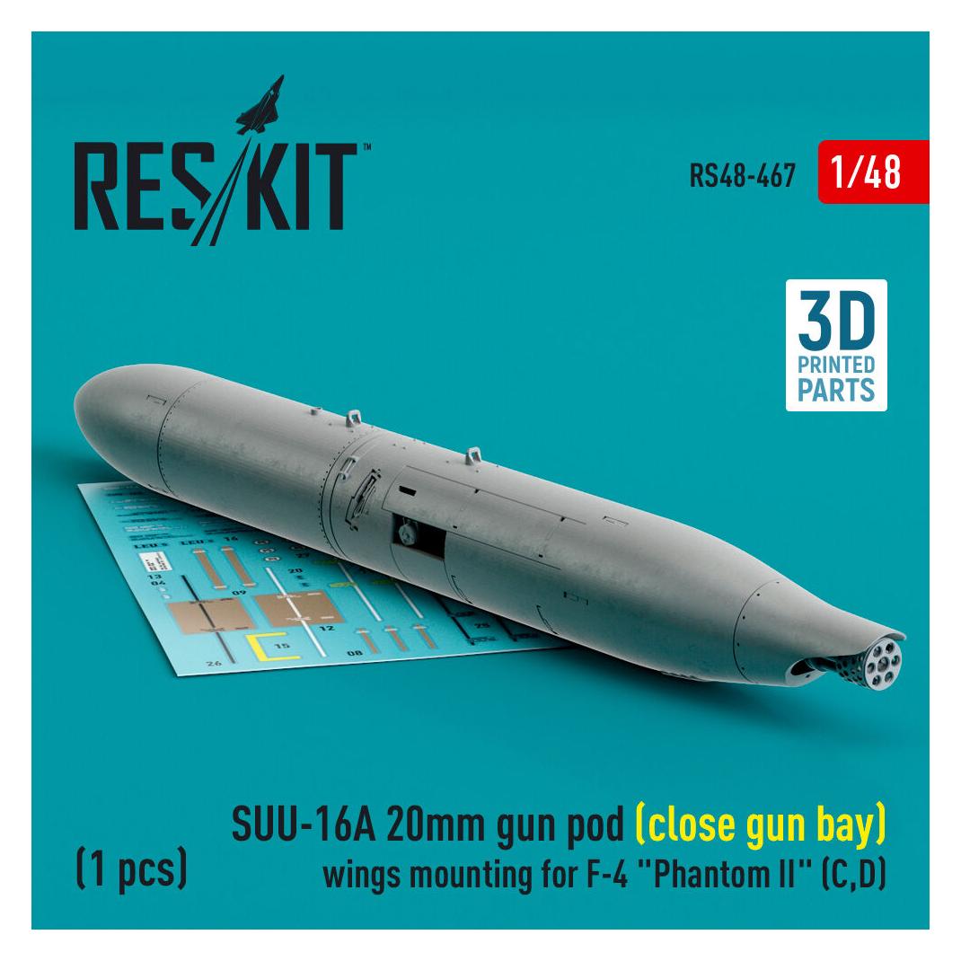 ResKit SUU-16A 20mm gun pod (close gun bay) wings mounting for F-4 Phantom II (C,D) (1 pcs) (3D Printed) (RS48-0467)