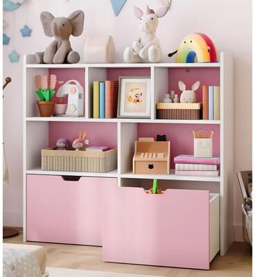 Garvee Toy Storage Organizer with Movable Drawers, Kids Bookshelf with Hidden Wheels and 5 Open Cubbies