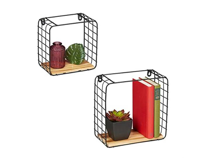 Relaxdays Set de Deux étagères murales de Forme cubique\, Deux Tailles\, Plantes\, Livres\, Bois MDF métal\, Noir\, Brun Clair