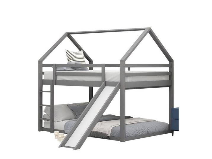 Odikalo Kinderbett Doppelbett Etagenbett Stockbett, Rutsche Leiter, Weiß/Grau, 140/90cm