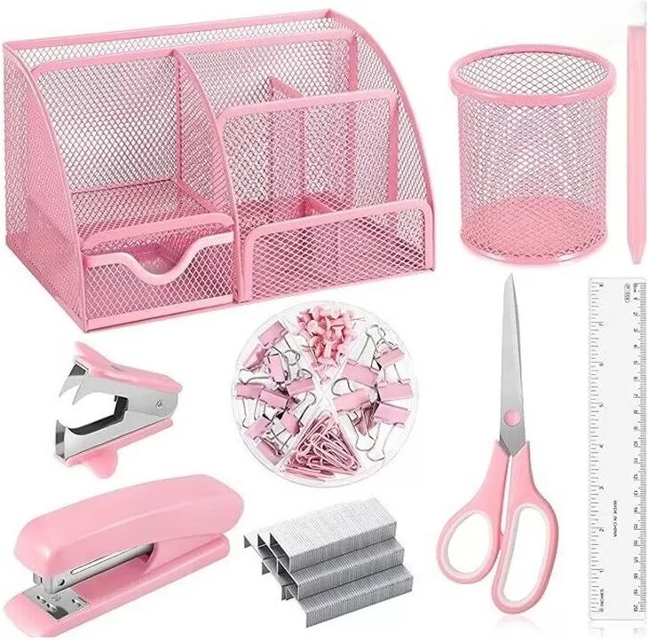INF Rosa Hefter Set - Büro Schreibwaren Set mit Klammerentferner, Abroller und Zubehör