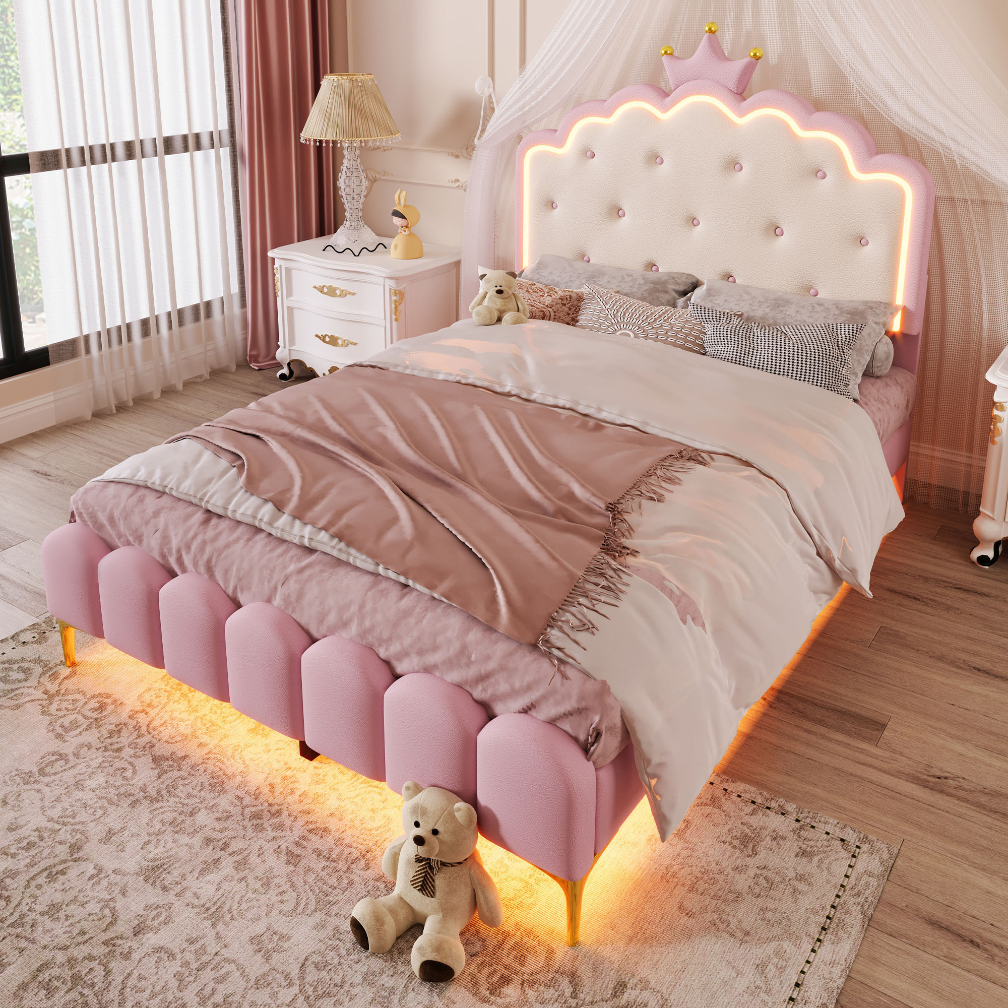 Abrihome Kinderbett Polsterbett mit Lattenrost - 140x200 cm, LED-Ambiente, Kronprinzessinnenform, Rosa (ohne Matratze)