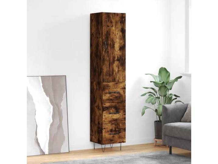 Modernes Highboard mit Metallfüßen in Räuchereiche, Elegantes Highboard für die Einrichtung aus Holzwerkstoff, Langlebiges mit Türen, Weißes mit Stauraum