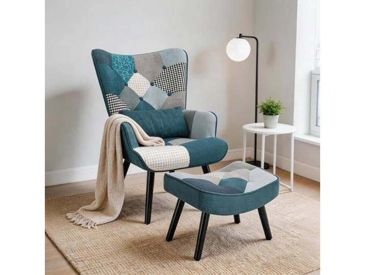 Fauteuil de Salon Scandinave motif Patchwork avec Pouf Intégré – Fauteuil Relax et Confortable- Bleu