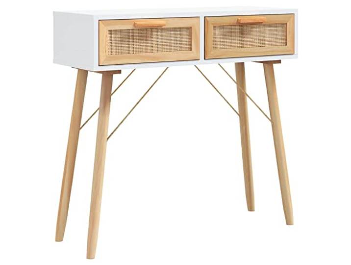 Konsolentisch weiß 80x30x75 cm aus Kiefer und Rattan, 2 Schubkästen Tischplatte aus Holzwerkstoff, Rattangeflecht, Kieferfüße, stabile Konstruktion, Montage mit Anleitung