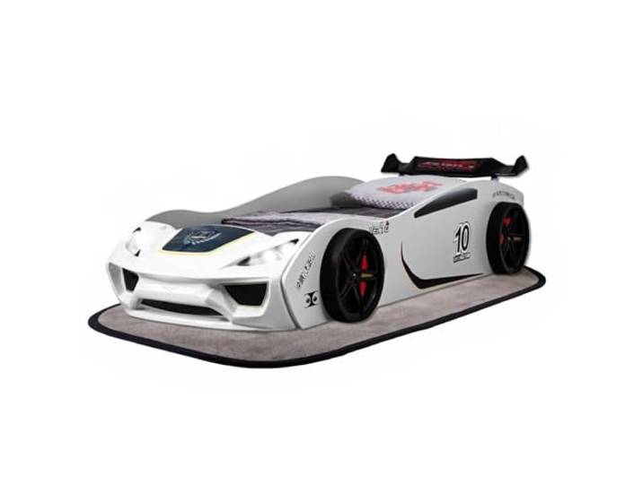 Coemo Autobett Vento Kinderbett 90x200 cm im Rennwagen-Design, Weiß Autobett mit Lattenrost, aufwändig gearbeitete Front mit glänzender Oberfläche, detailgetreue Motive, sportlicher Heckspoiler