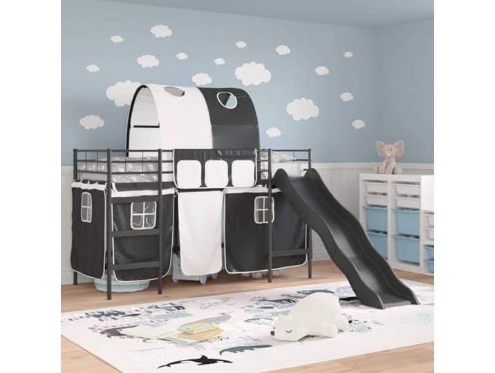 SKTQYQO Bett Loft für Kinder, schwarz, 100 x 190 cm, Metall Bogen-Design, inklusive Vorhang, robuste Struktur, für Spielzimmer und Erholung