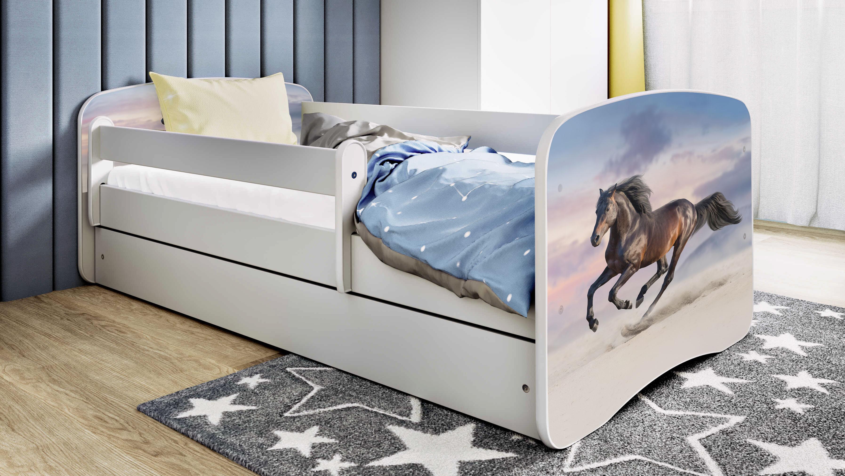 Kinderbett Jugendbett Pferd im Galopp 70x140, 80x160, 80x180 cm - Komplettset mit Matratze, Schublade & Rausfallschutz