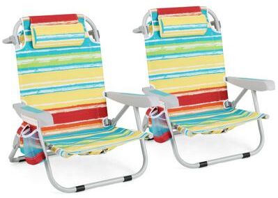 Costway Foldable Backpack Beach Chair with Cup Holder and Storage Pockets Set of 2-Multicolor
