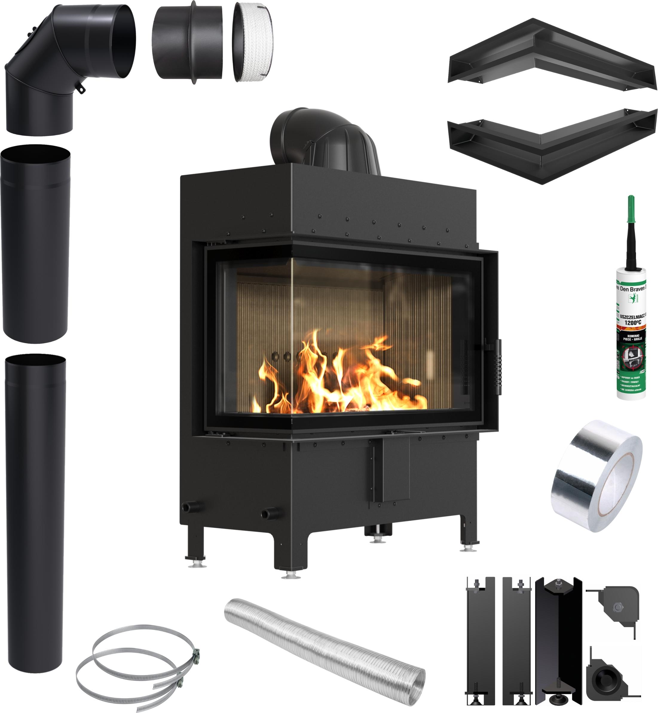 KRATKI LUCY links 14 kW Ø200 Eck SCHWARZ Kaminofen Einsatz Installationsset