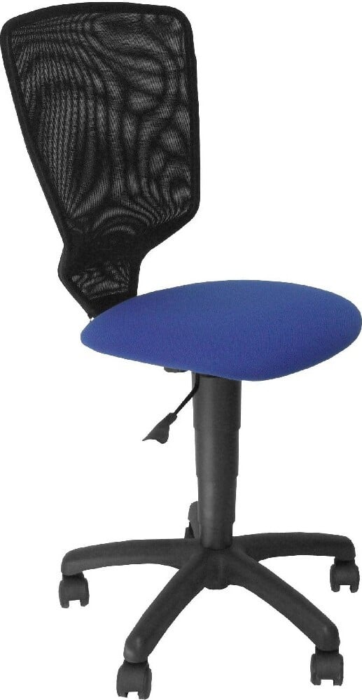 Piqueras y Crespo Júcar jeugdstool met zwarte netstof rugleuning en blauwe Aran-zitting