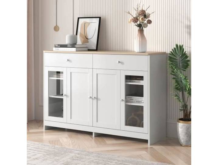 Buffet bahut Armoire moderne - 4 portes 3 tiroirs - Portes en verre - Blanc