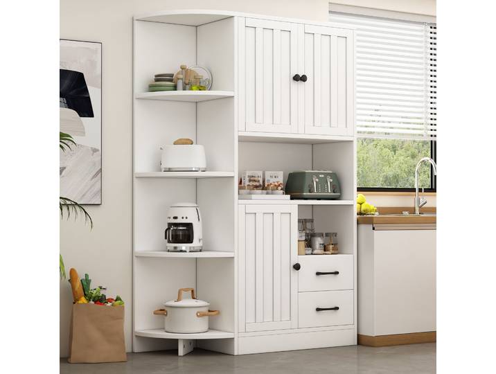 Meubliv Armoire D’angle 104x35x155 Cm Blanche – 14 Rangements\, 3 Portes Et 2 Tiroirs