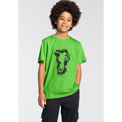 T-Shirt KIDSWORLD "Biker - Druck", Jungen, Gr. 152/158, grün, Single Jersey, Obermaterial: 100% Baumwolle, bedruckt, Basic, Rundhals, Shirts T-Shirt, Kurzarm, Basic-Passform, mit stylischem Druck, Rundhalsausschnitt