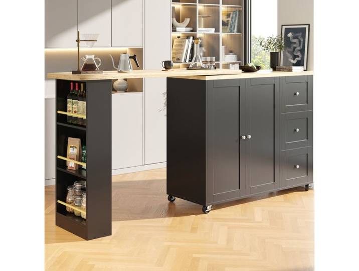 Desserte de Cuisine Pivotante 360 Degrés avec 3 Tiroirs 2 Portes Roulettes et Rangement Latéral - YEAVIO - MDF Noir
