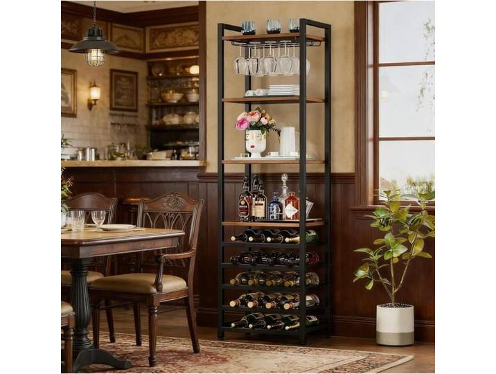 Meuble range-bouteilles industriel avec porte-verres étagère sur pied métal et bois rangement 20 bouteilles TYNQER