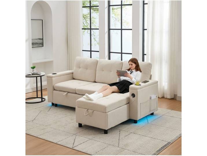 SENVIRO canapé convertible trois places pliant rangement LED 208x146x89cm beige