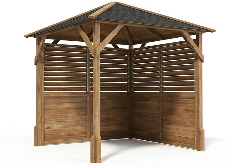 Dunster House Wooden Gazebo Louvre Wall 2m x 2m Garden Shelter Roof Shingles Utopia 200 Brown 207cm W X 306cm D X 240cm H