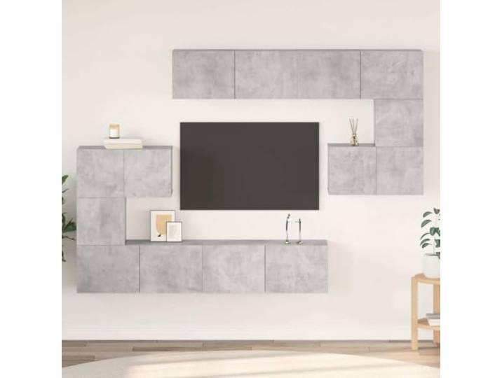 HEFZGDB 8-TLG. TV-Schrank-Set Betongrau Holzwerkstoff Modernes Design mit großem Stauraum Wandmontage Wohnzimmermöbel-Set Mehrere Fächer für Aufbewahrung HiFi-Schrank-Set Robustes