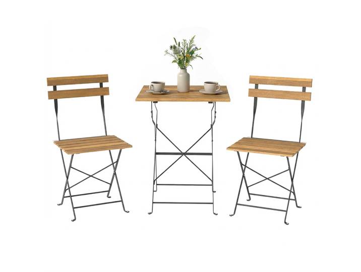 Salon De Jardin - Mobilier De Terrasse - Outsunny - 3 Pièces\, Table Carrée\, 2 Chaises Pliantes - Acier Bois - 55x55x71cm - Naturel