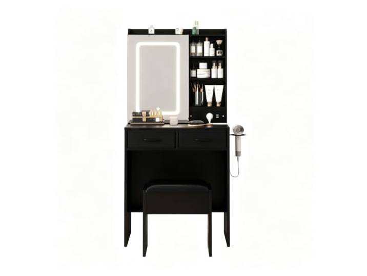 Koioplie Schminktisch 57×24×137 cm Spiegel Schwarz 2 Schubladen Drei Lichtmodi, Dimmbar, Ladeanschluss, Gepolsterter Sitz, Innenraumfach
