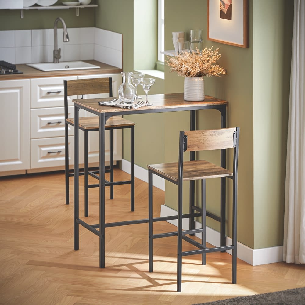 SoBuy Ensemble de table et 2 chaises de bar effet bois et métal noir Marron 89x100x45cm