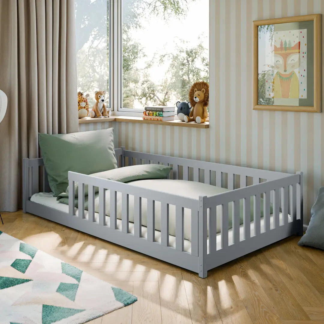 Harriet Bee Montessori Wooden Bed Otis EU Small Double – Floor-Hugging Pine, Contemporary Secure Frame & Slat Kit Grey
