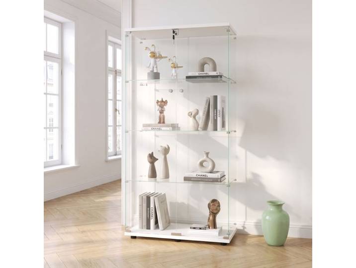 Vitrine pour Collection Meuble Vitrine 2 Portes et 4 Étagères en Verre Trempé Armoire pour Figurines Salon Chambre Blanc