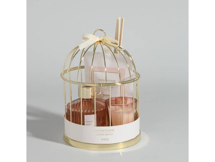 Glasdiffusor (50 ml), Duftsäckchen und Duftkerze mit Baumwollpulver sowie goldfarbener Stahlkäfigständer