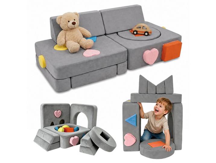 Relaxdays Spielsofa Anthrazit modular 18-tlg.-Set Schaumstoff, Grau, Kunststoff, Textil, 130x40x65 cm, Baby- und Kindermöbel, Babyzimmer, Kindersessel & Kindertische